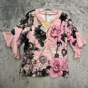 cherry betty top pink floral ruffled sleeve romantic NEW